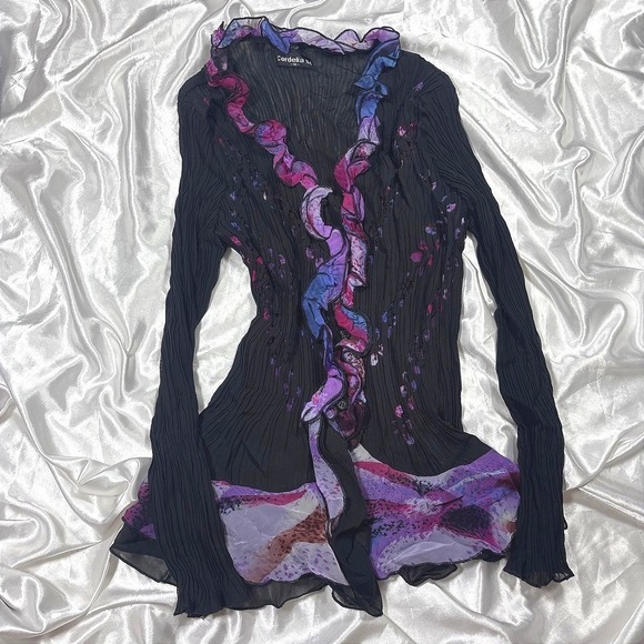 Cordelia St Tops - y2k Cordelia St Ruffle Button Up Top Black Purple Pleated Burnout 16